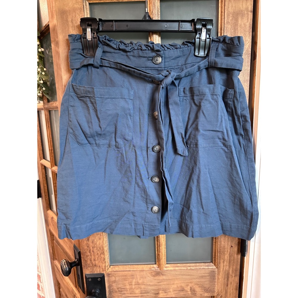 LOFT Button Front Skirt Women 10P Blue Gray Paperbag Waist Mini Utility Trendy